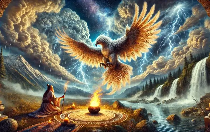 Yada Kuşu – Yağmur ve fırtınaları yöneten kutsal kuşun, gökten inip ateşin üstünde kanat çırptığı şamanik betimleme